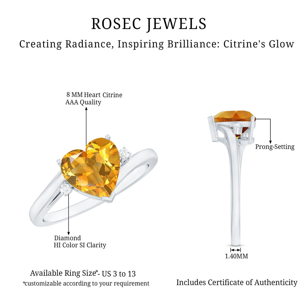 Natural 8mm Citrine Heart Engagement Ring with Diamond