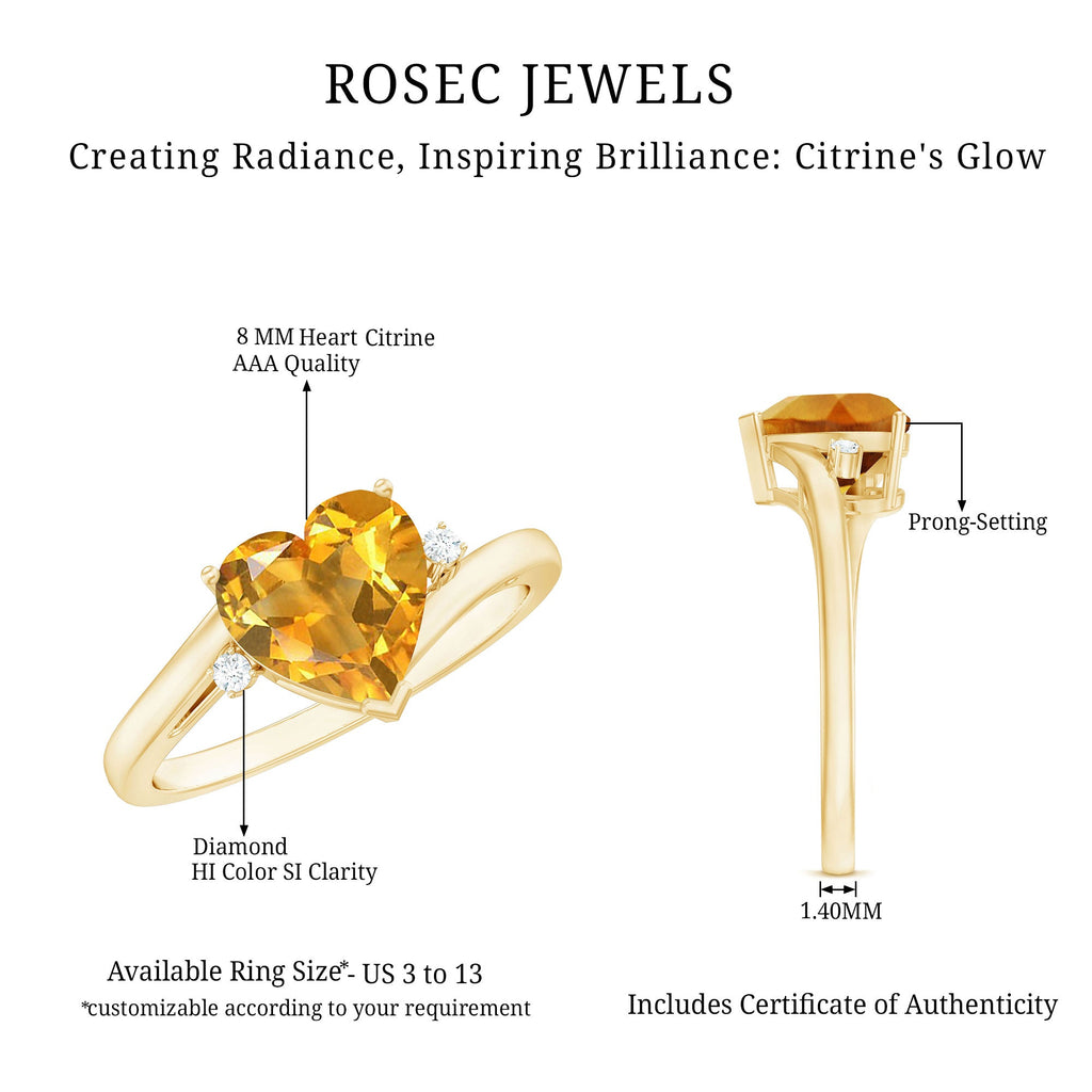 Natural 8mm Citrine Heart Engagement Ring with Diamond