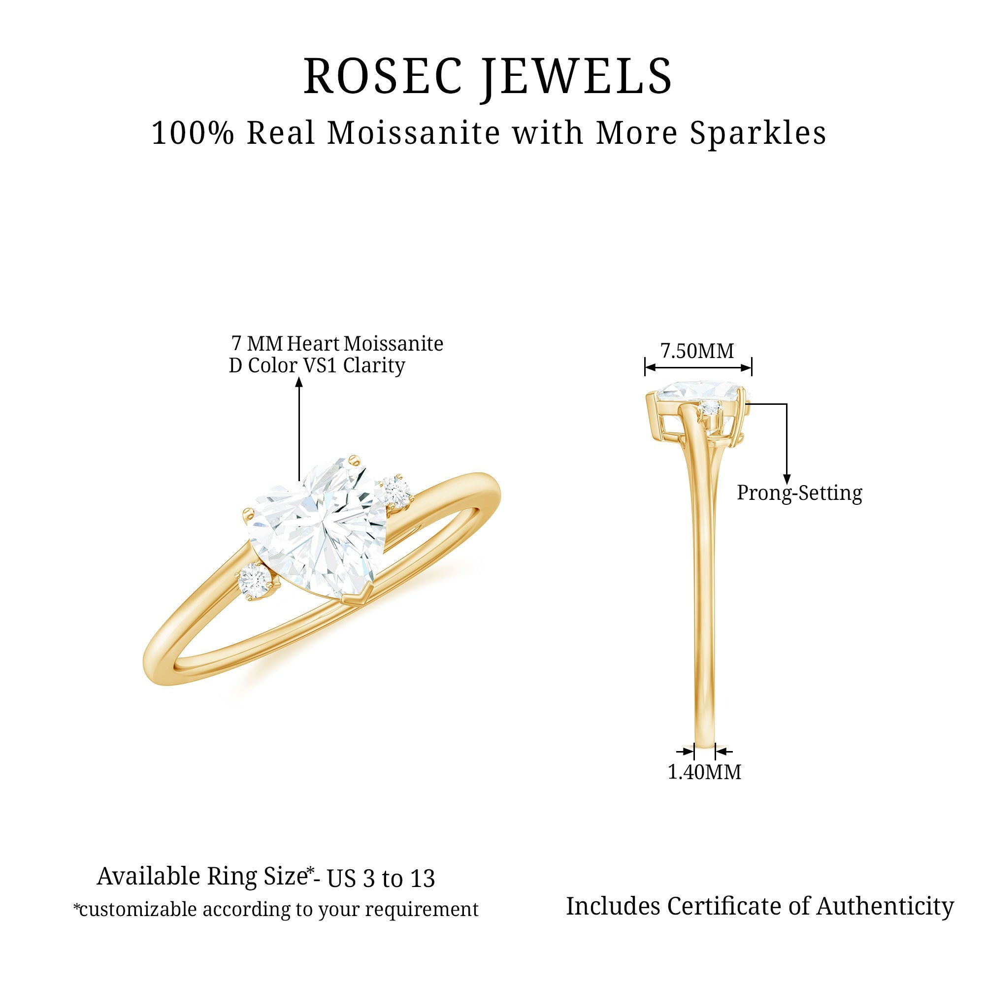 1 CT Solitaire Moissanite Heart Promise Ring