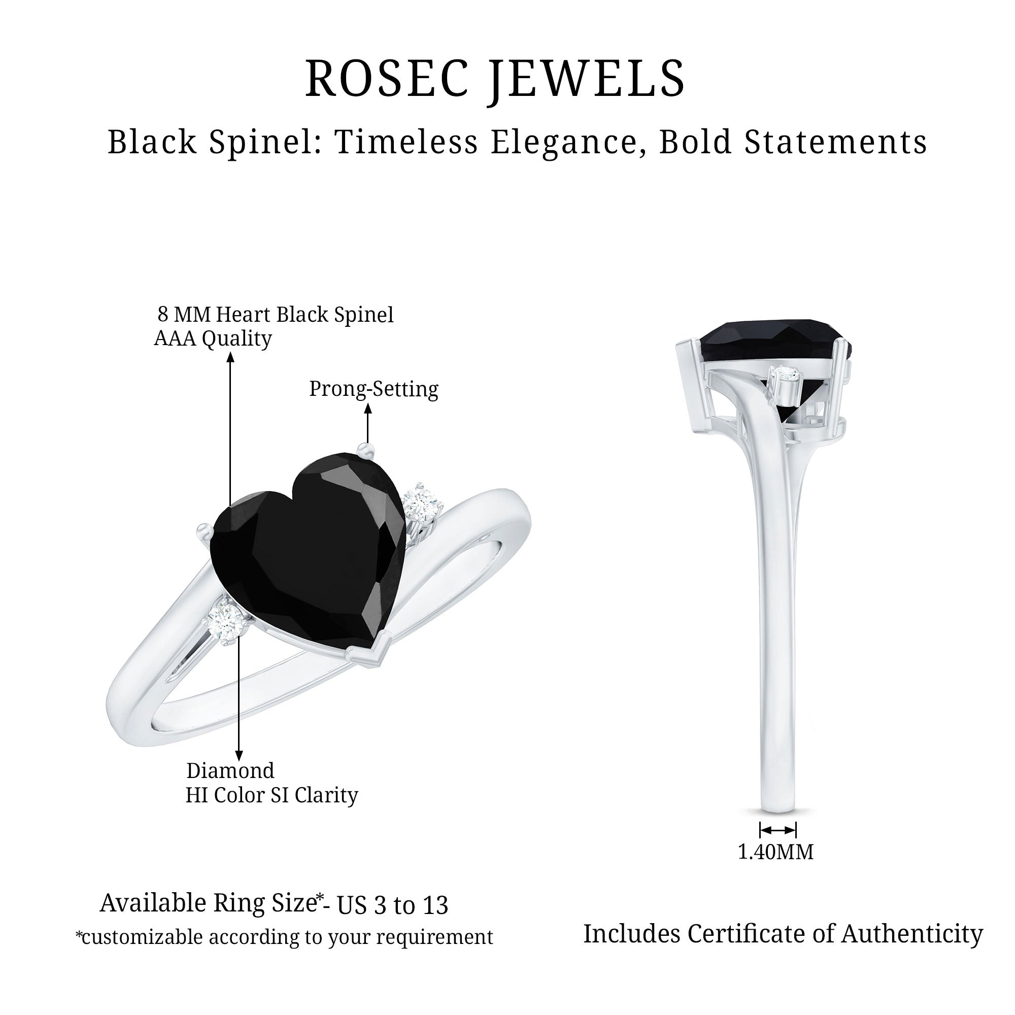 2 Carat Heart Shape Black Spinel Solitaire Engagement Ring