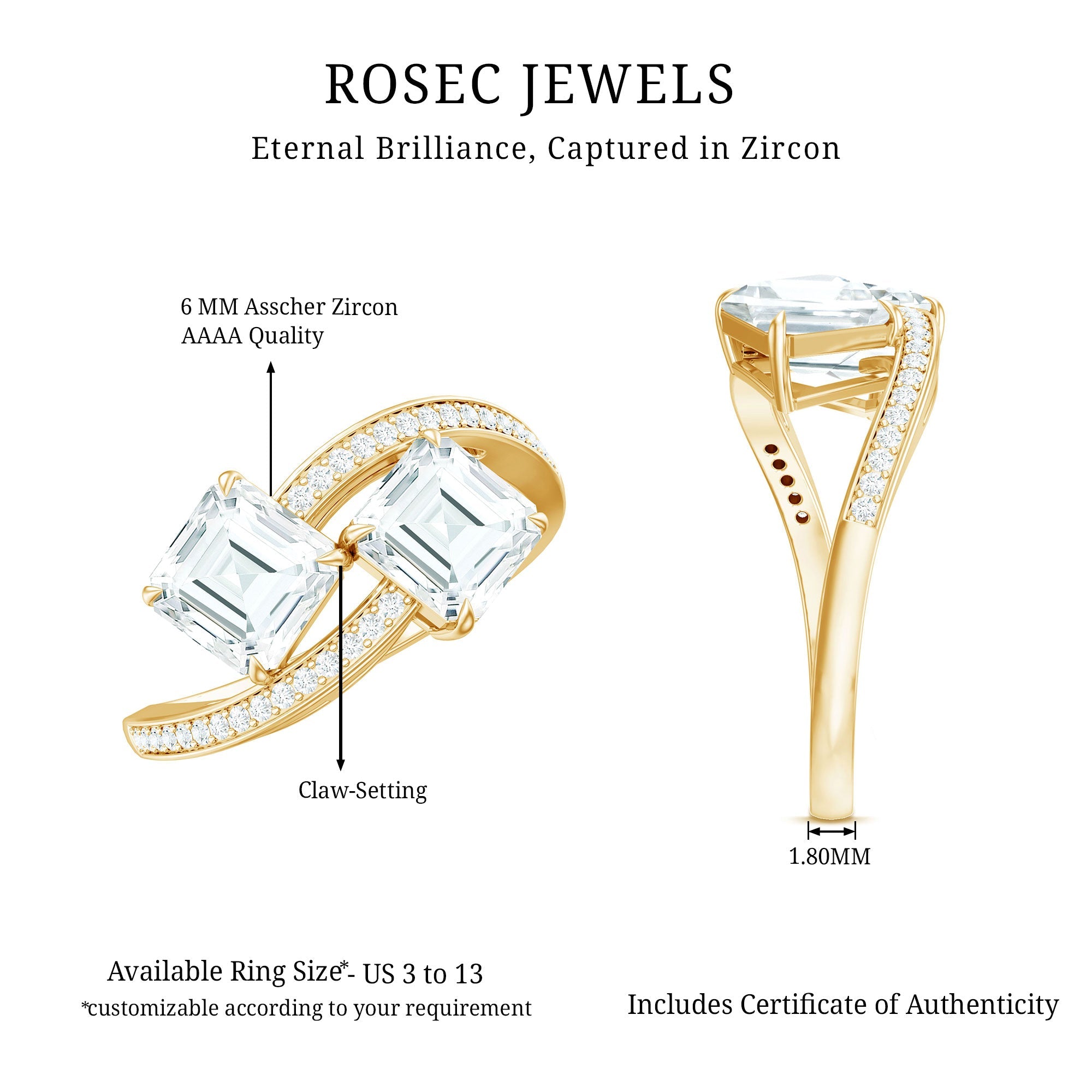 Asscher Cut Cubic Zirconia Two Stone Engagement Ring