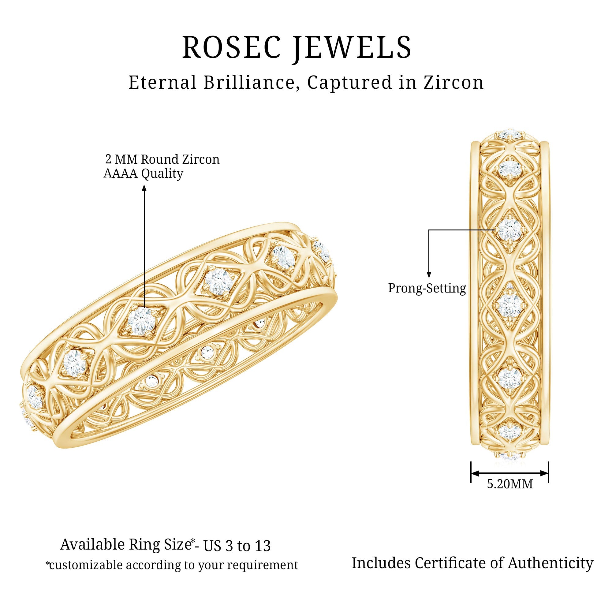 Vintage Inspired Zircon Celtic Knot Full Eternity Band Ring in Gold