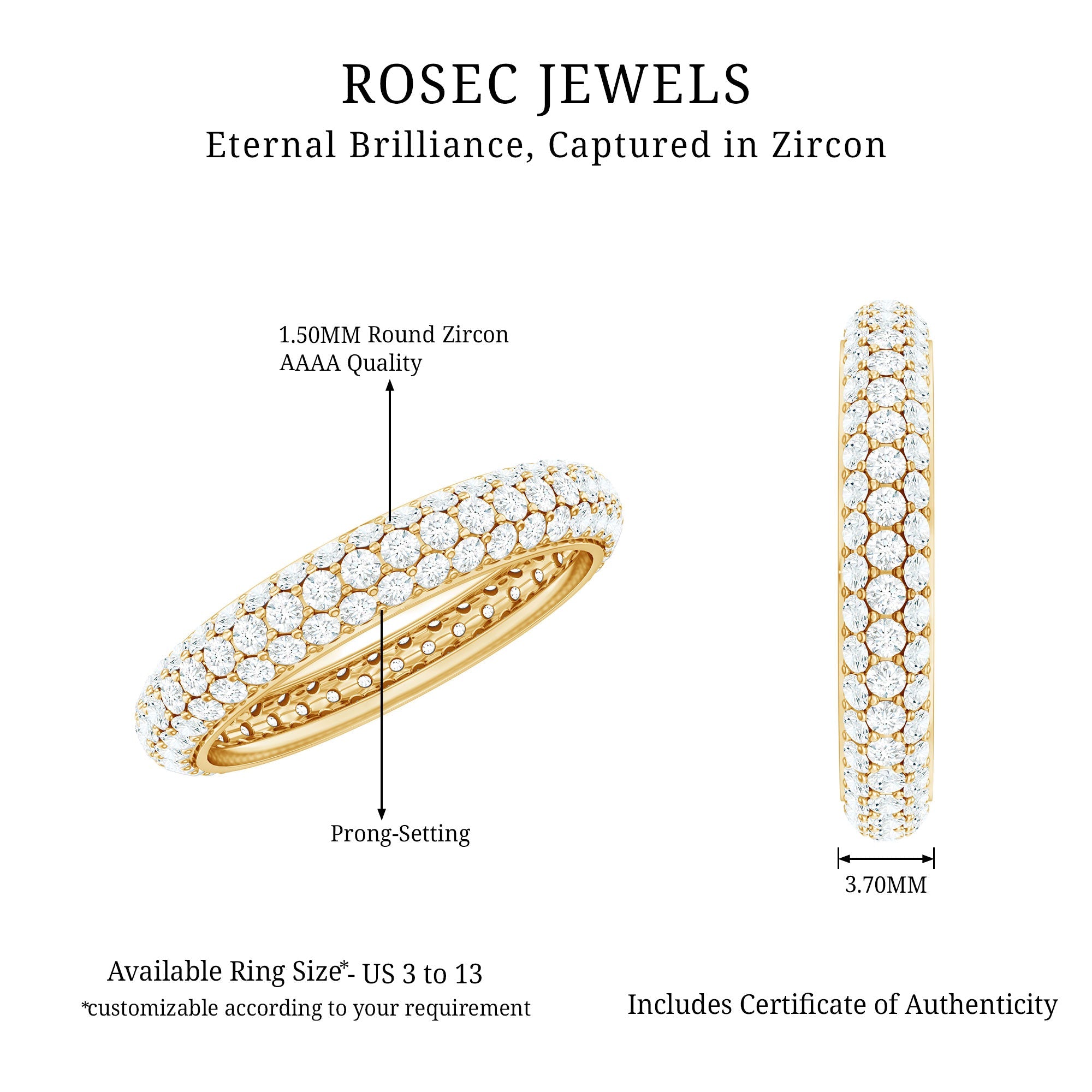 3 CT Simulated Diamond Three Row Eternity Band in Gold