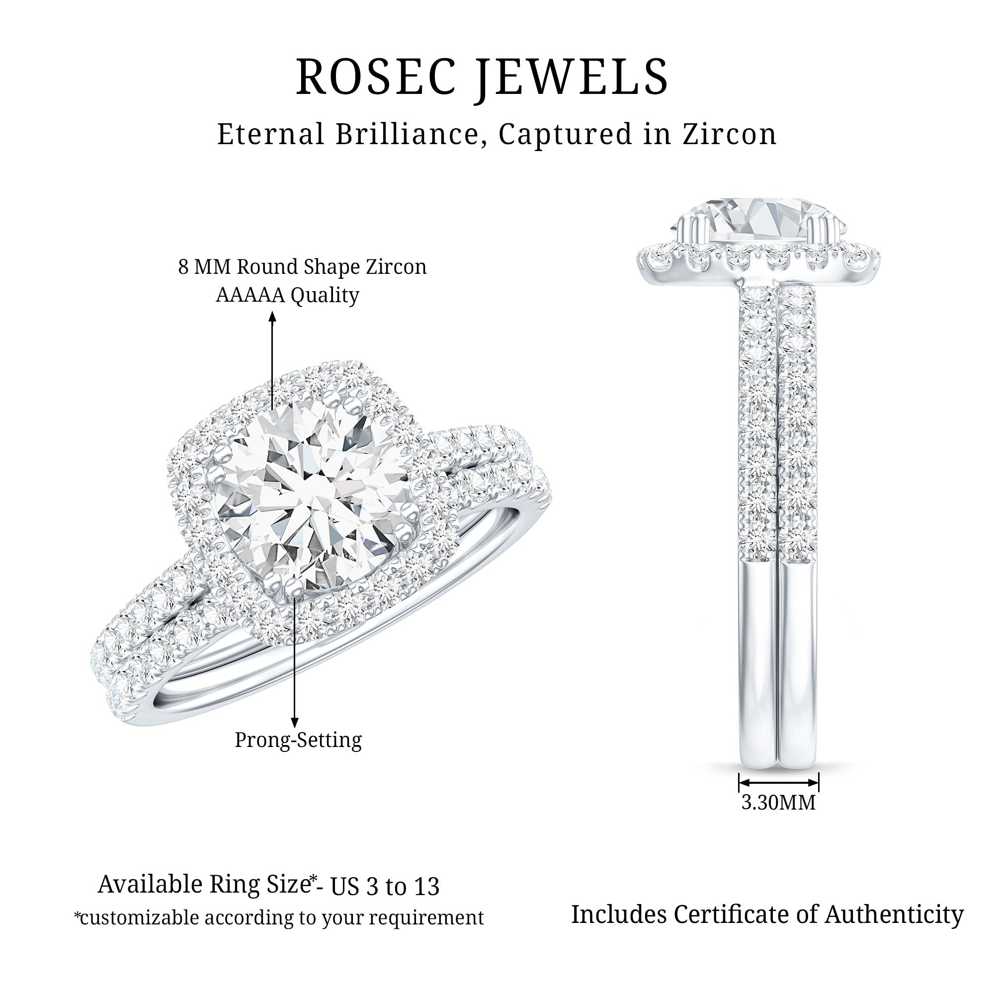 3 CT Round Cubic Zirconia Wedding Ring Set For Bride