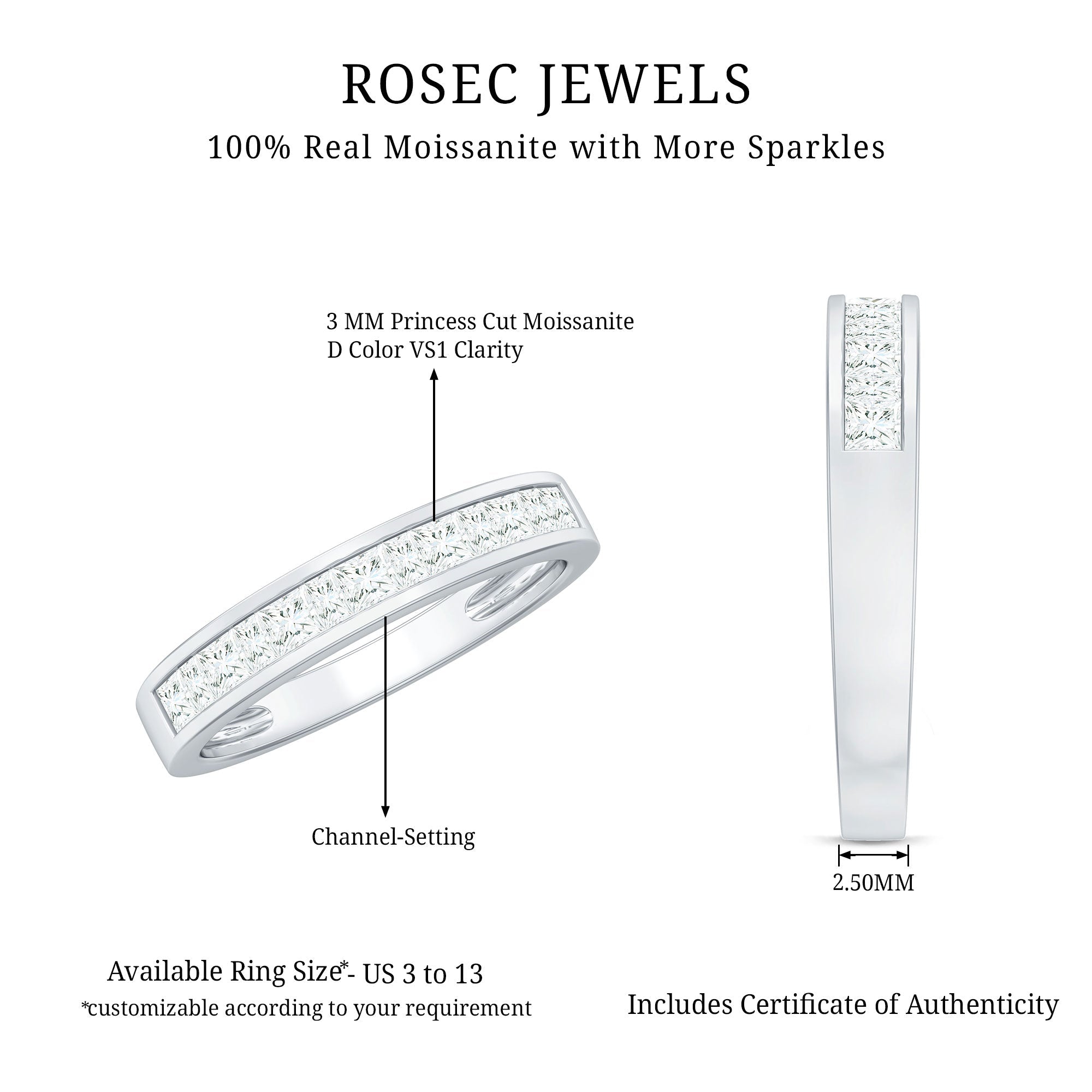 1.25 CT Princess Cut Moissanite Half Eternity Ring in Channel Setting