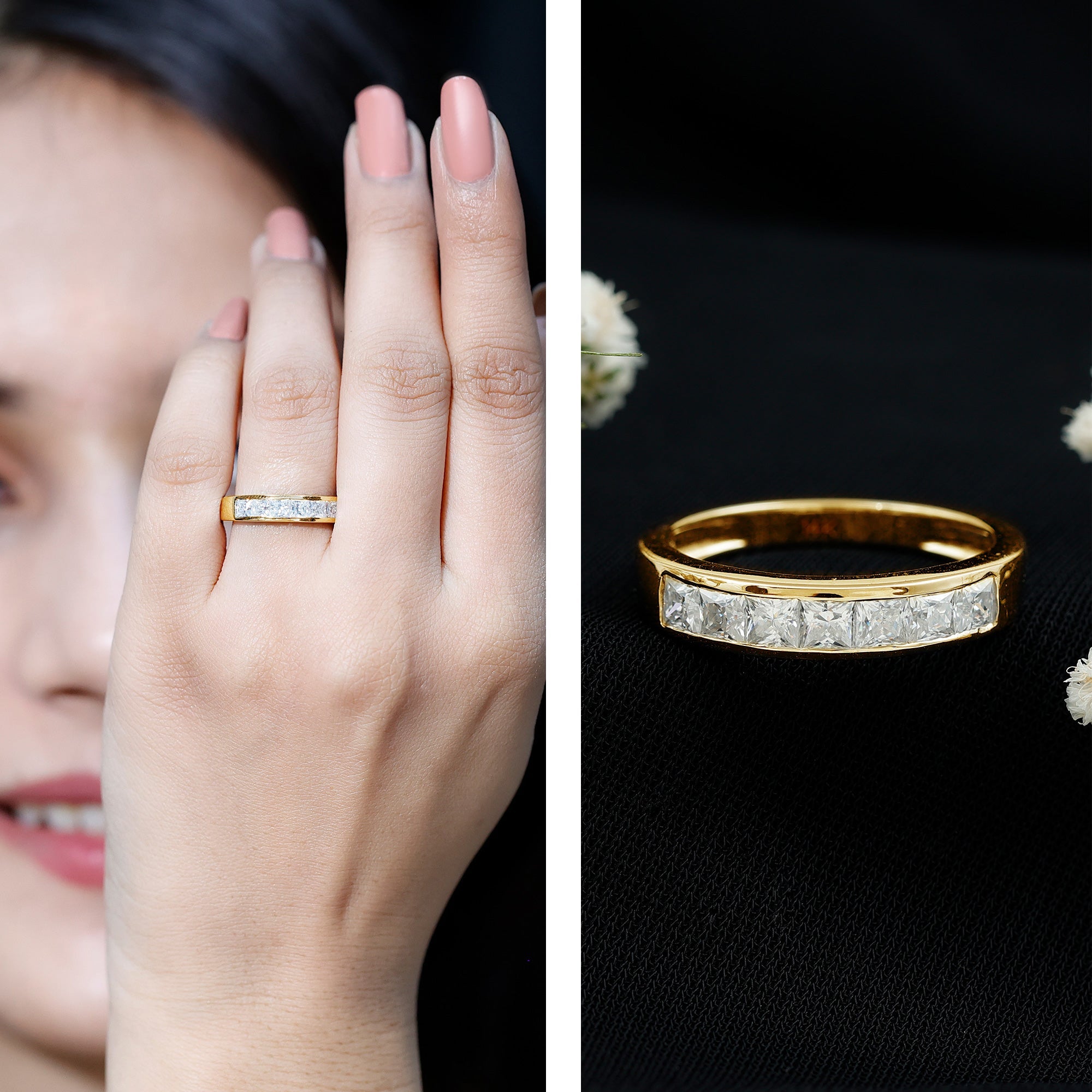 1.25 CT Princess Cut Moissanite Half Eternity Ring in Channel Setting