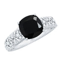 Cushion Cut Solitaire Created Black Diamond and Diamond Floral Engagement Ring