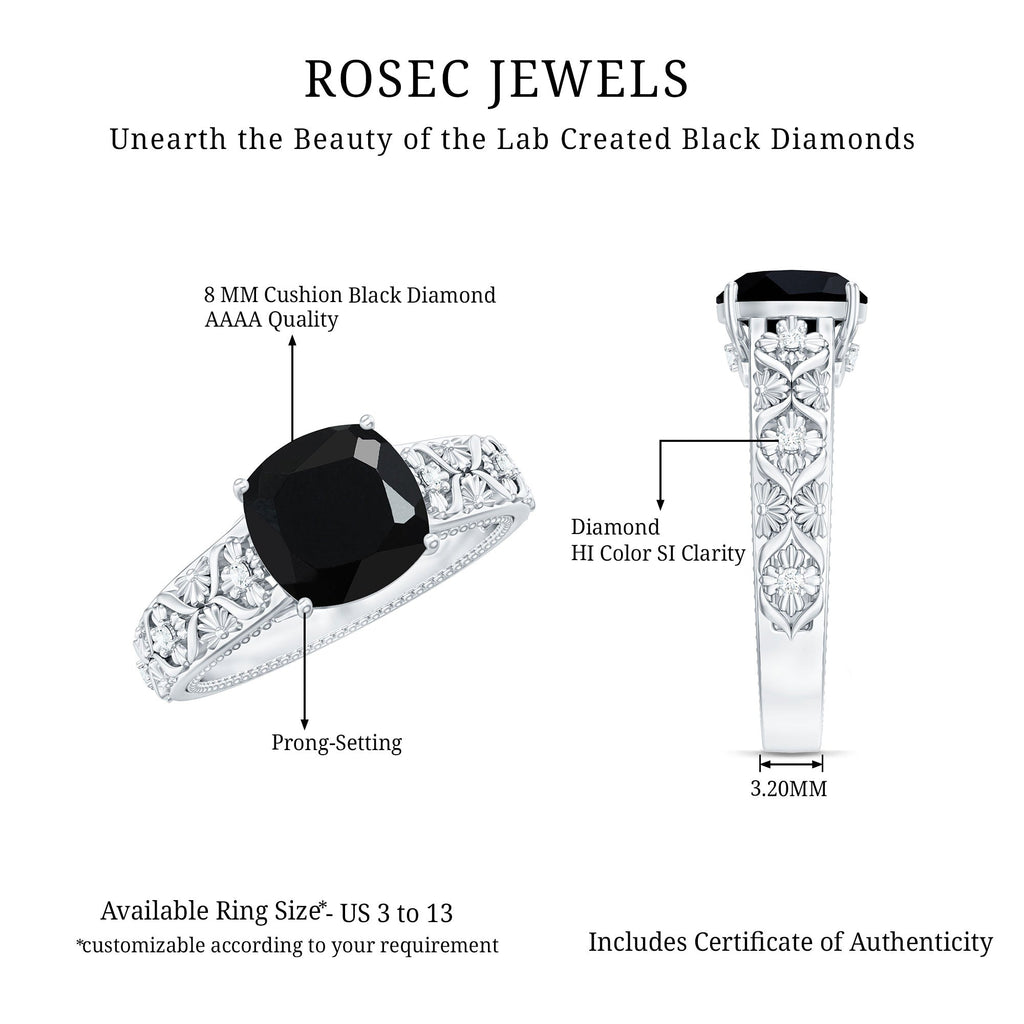 Cushion Cut Solitaire Created Black Diamond and Diamond Floral Engagement Ring