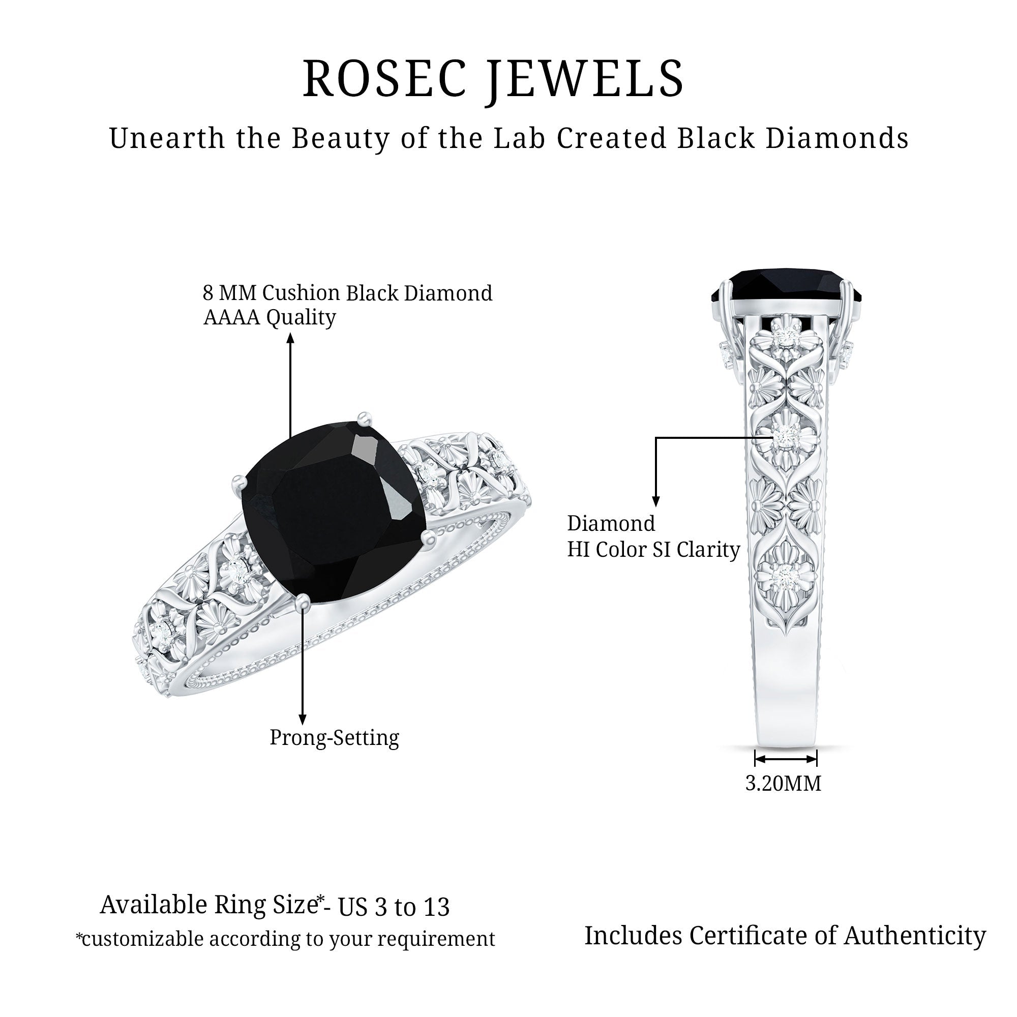 Cushion Cut Solitaire Created Black Diamond and Diamond Floral Engagement Ring
