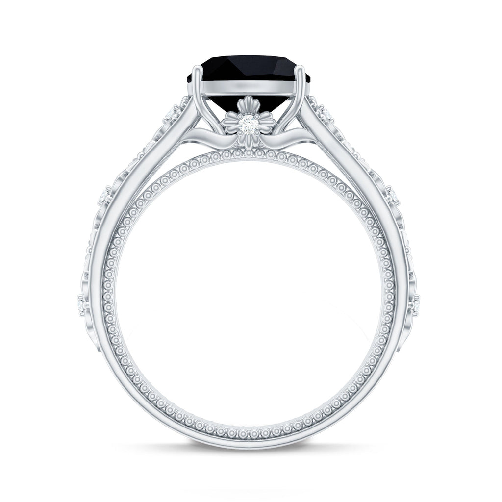 Cushion Cut Solitaire Created Black Diamond and Diamond Floral Engagement Ring