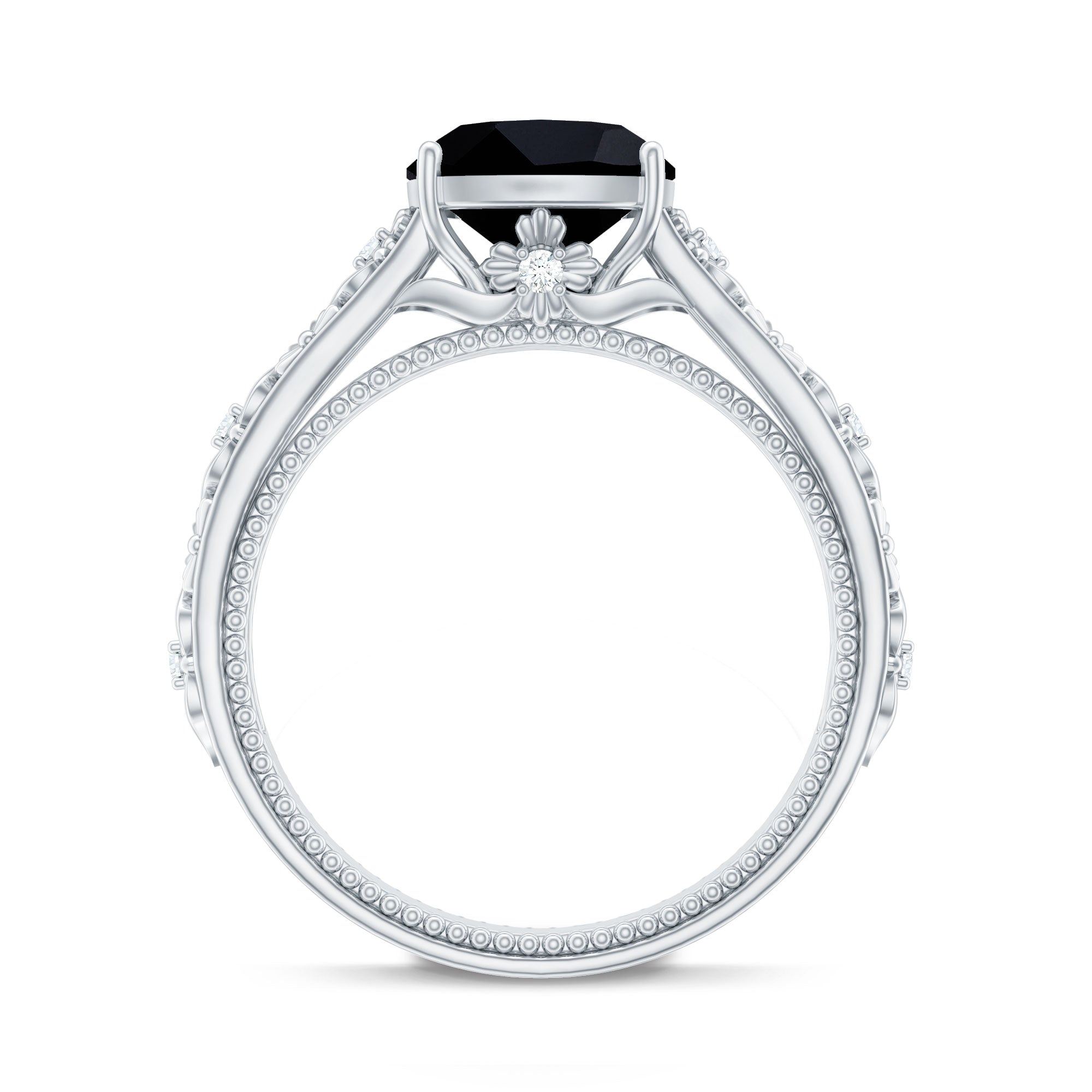 Cushion Cut Solitaire Created Black Diamond and Diamond Floral Engagement Ring