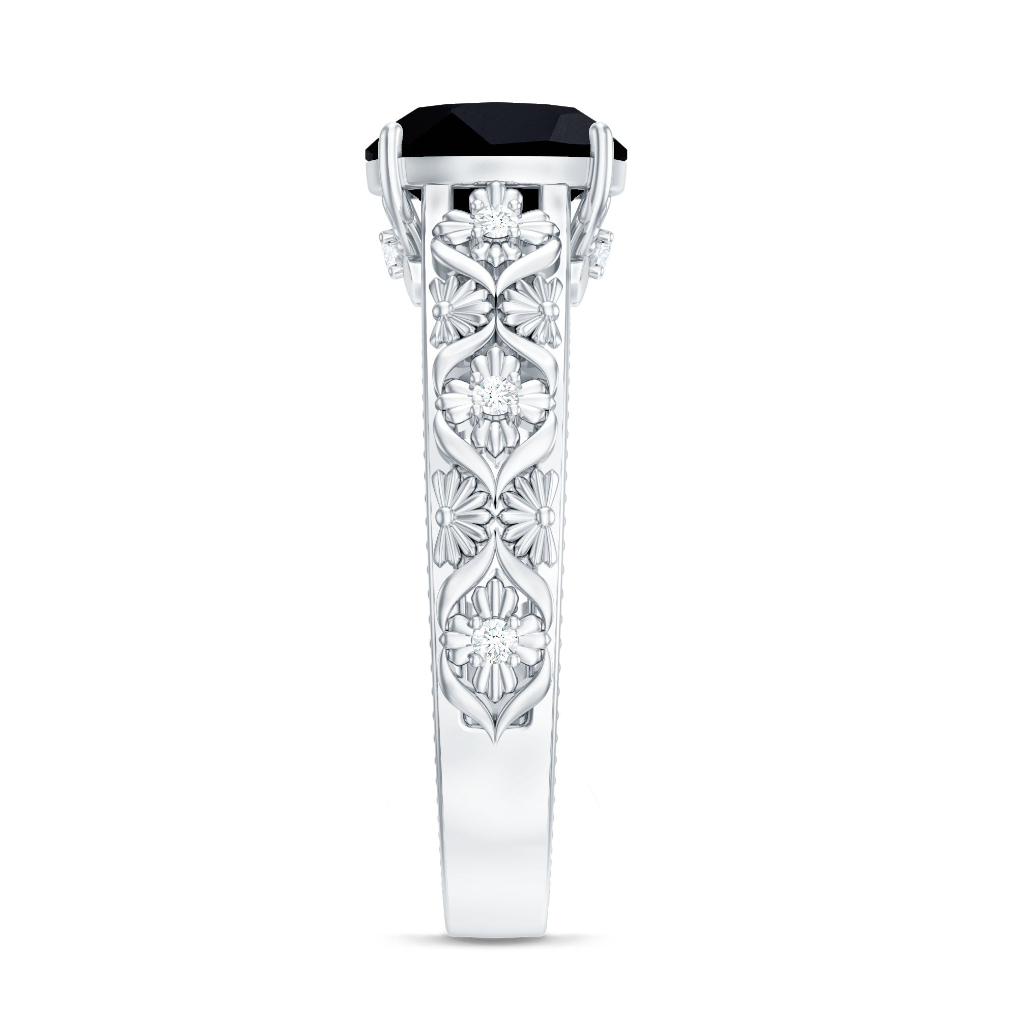 Cushion Cut Solitaire Created Black Diamond and Diamond Floral Engagement Ring