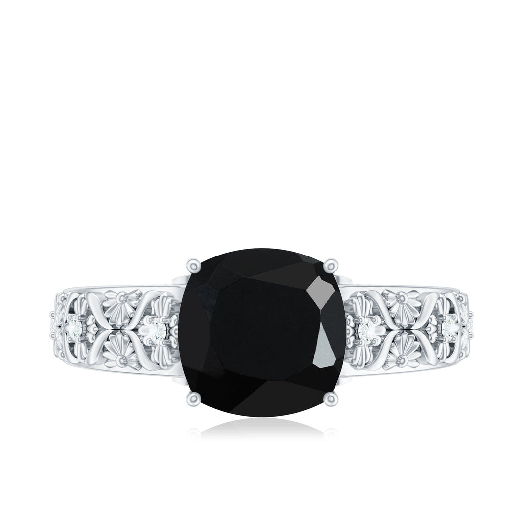 Cushion Cut Solitaire Created Black Diamond and Diamond Floral Engagement Ring