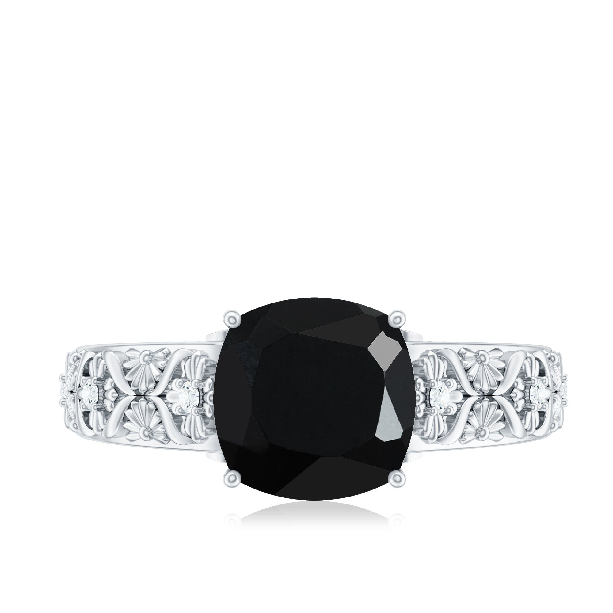 Cushion Cut Solitaire Created Black Diamond and Diamond Floral Engagement Ring