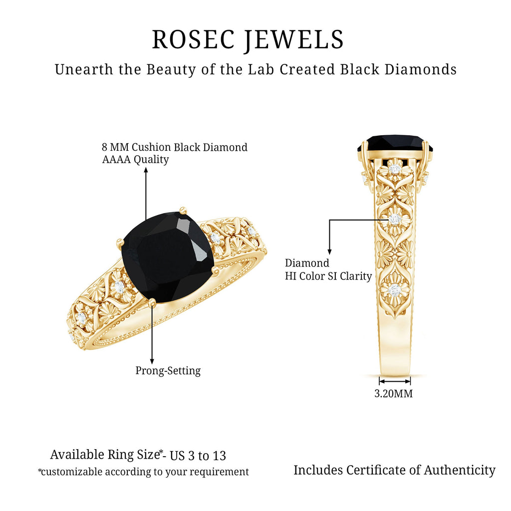 Cushion Cut Solitaire Created Black Diamond and Diamond Floral Engagement Ring