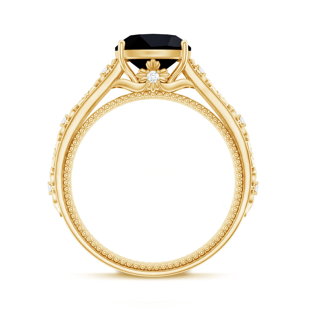 Cushion Cut Solitaire Created Black Diamond and Diamond Floral Engagement Ring