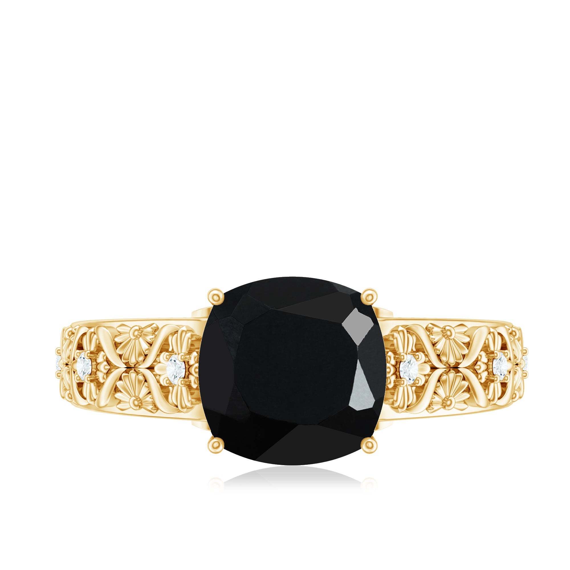 Cushion Cut Solitaire Created Black Diamond and Diamond Floral Engagement Ring