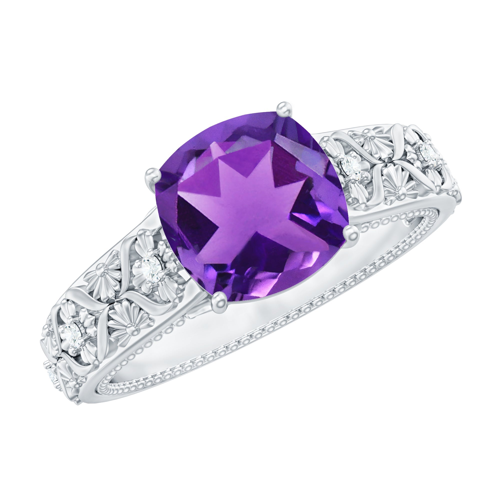 Cushion Cut Solitaire Amethyst Floral Engagement Ring with Diamond