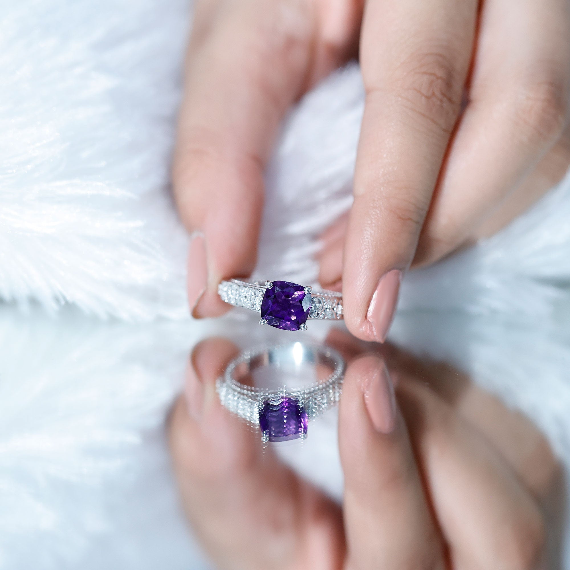 Cushion Cut Solitaire Amethyst Floral Engagement Ring with Diamond