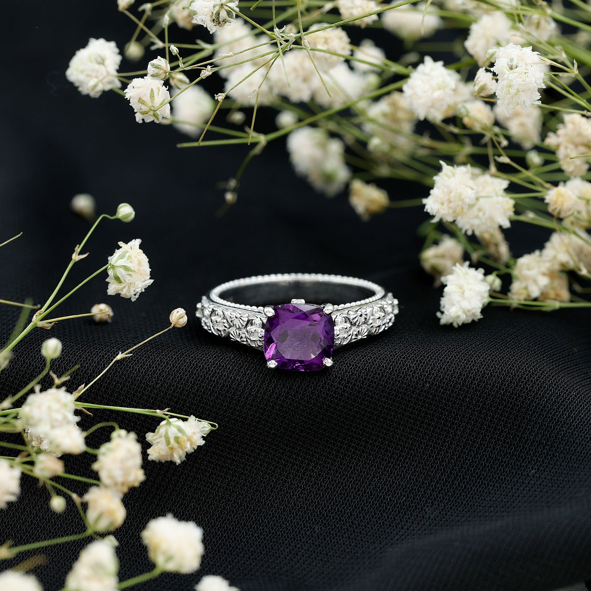 Cushion Cut Solitaire Amethyst Floral Engagement Ring with Diamond