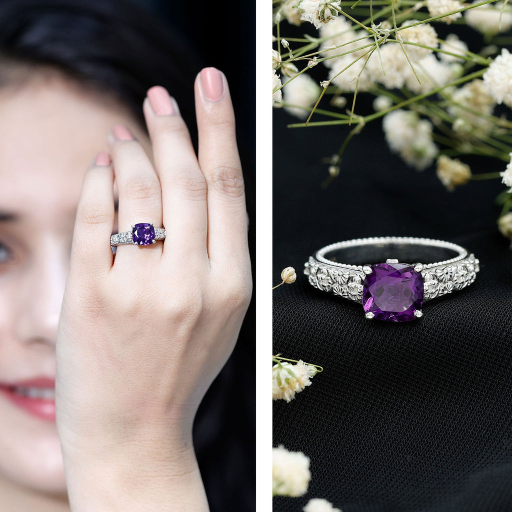Cushion Cut Solitaire Amethyst Floral Engagement Ring with Diamond