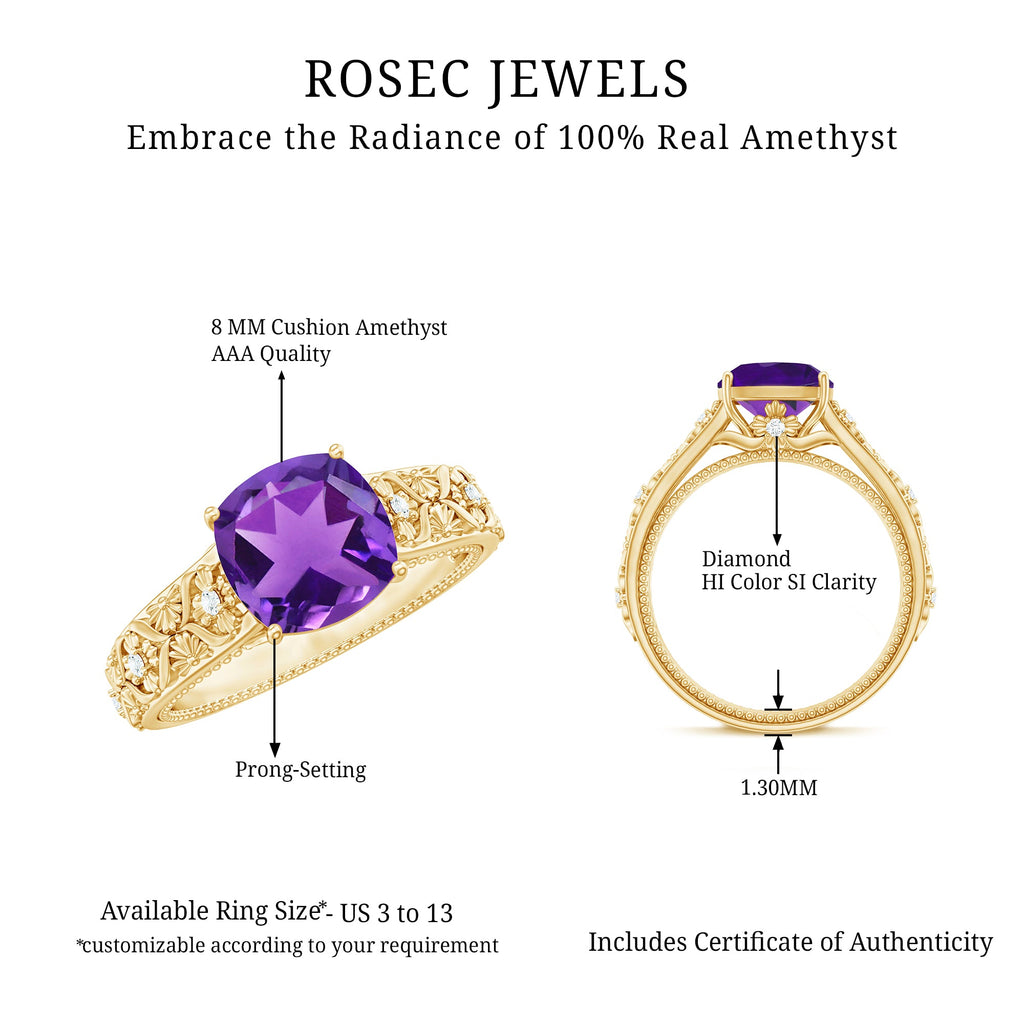 Cushion Cut Solitaire Amethyst Floral Engagement Ring with Diamond