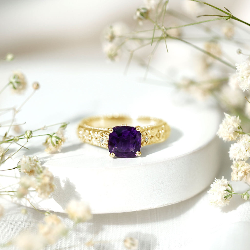 Cushion Cut Solitaire Amethyst Floral Engagement Ring with Diamond