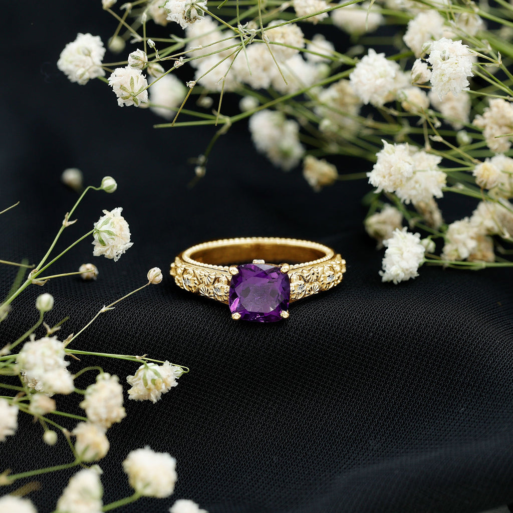 Cushion Cut Solitaire Amethyst Floral Engagement Ring with Diamond