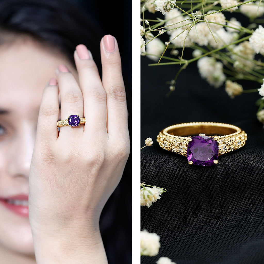 Cushion Cut Solitaire Amethyst Floral Engagement Ring with Diamond