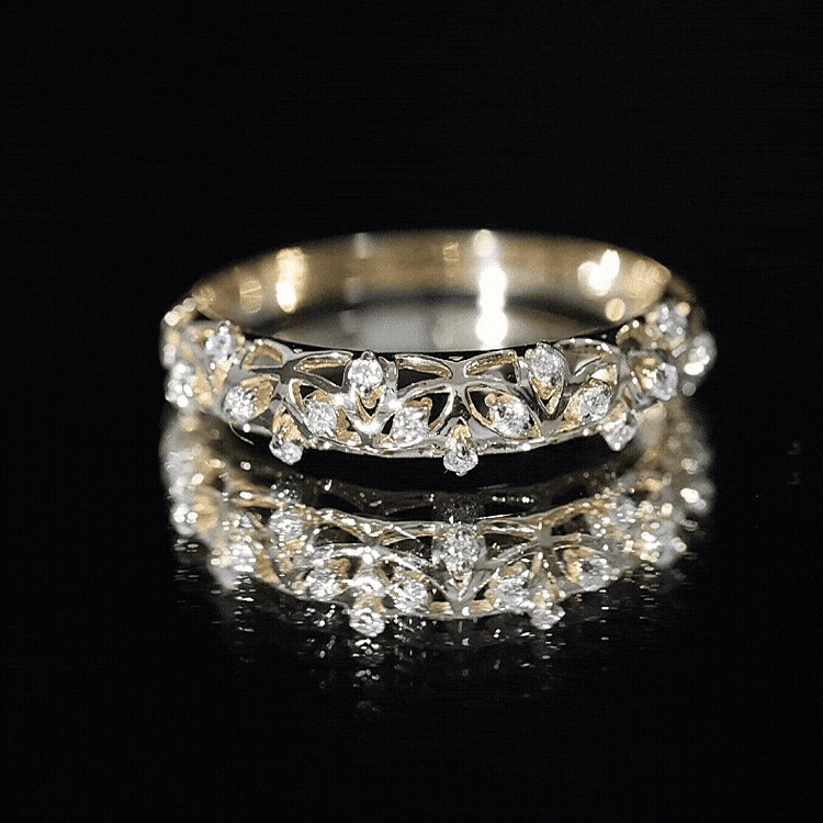 Round Zircon Semi Eternity Band Ring with Gold Filigree Details