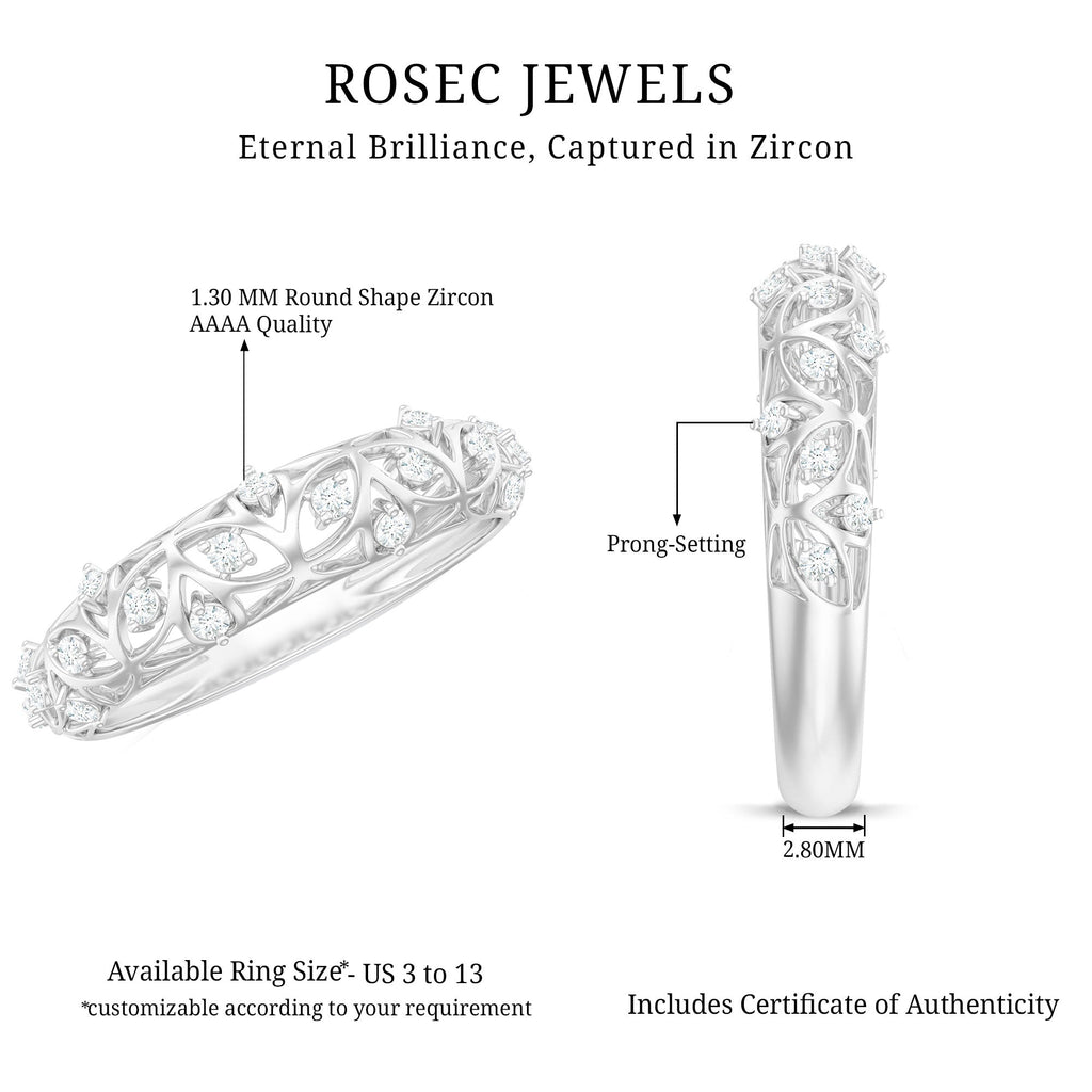 Round Zircon Semi Eternity Band Ring with Gold Filigree Details