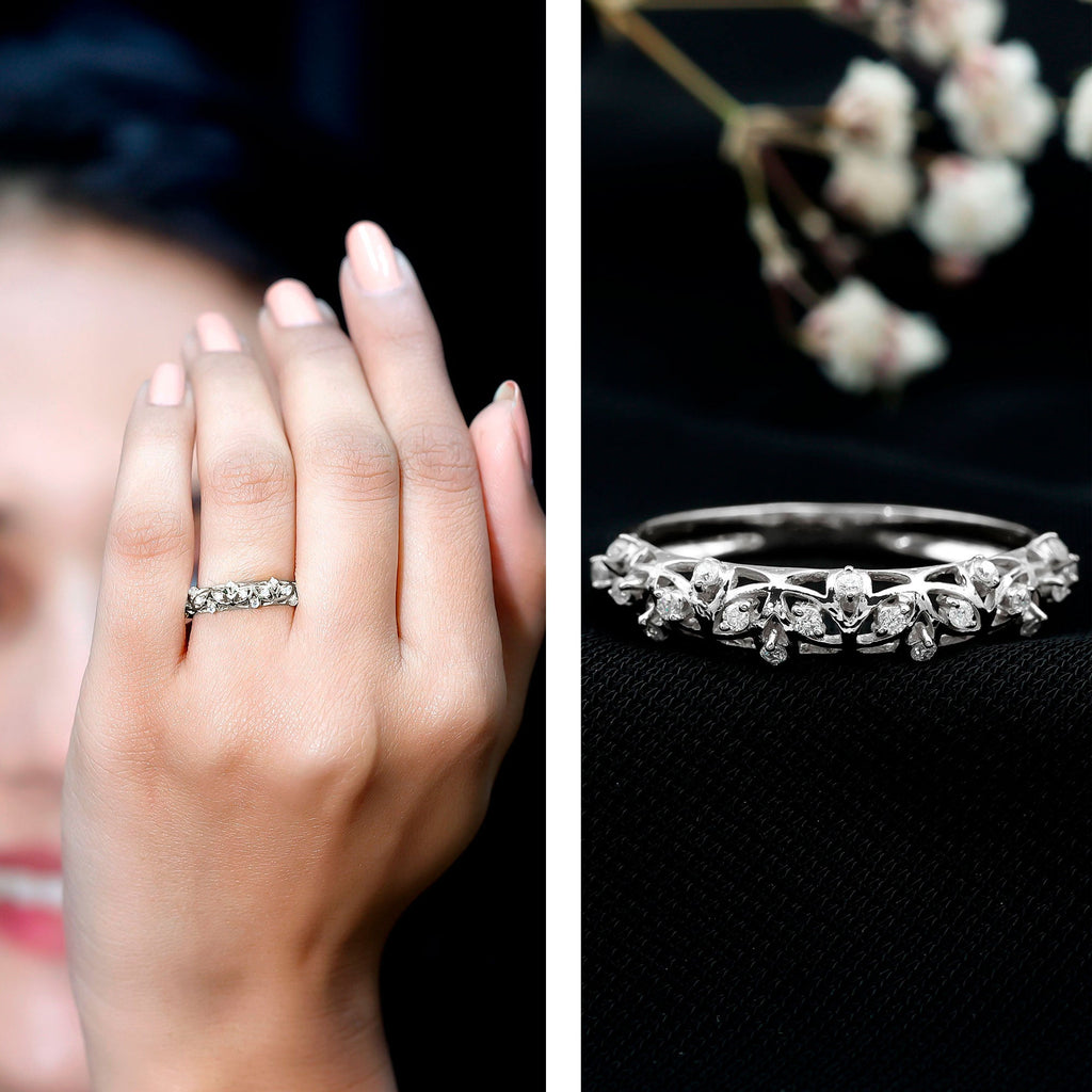 Round Zircon Semi Eternity Band Ring with Gold Filigree Details