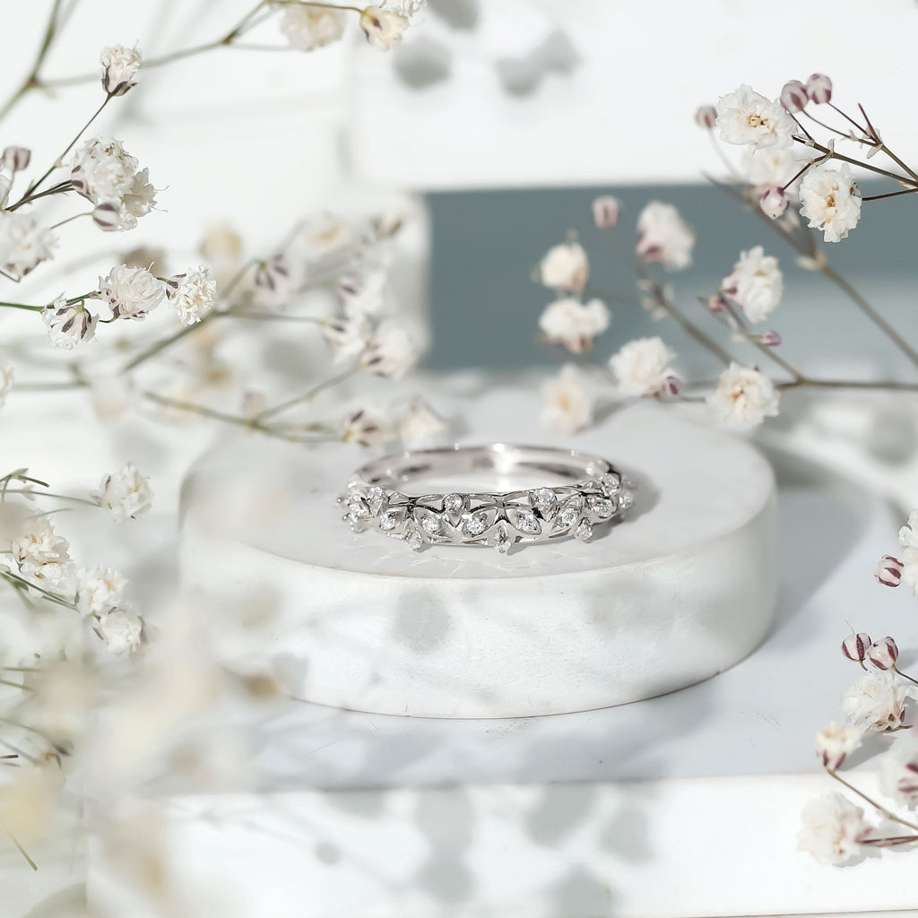 Round Zircon Semi Eternity Band Ring with Gold Filigree Details