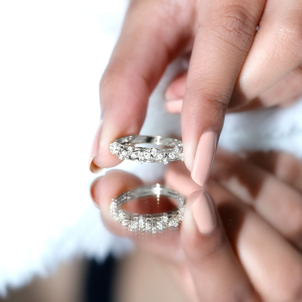 Round Zircon Semi Eternity Band Ring with Gold Filigree Details