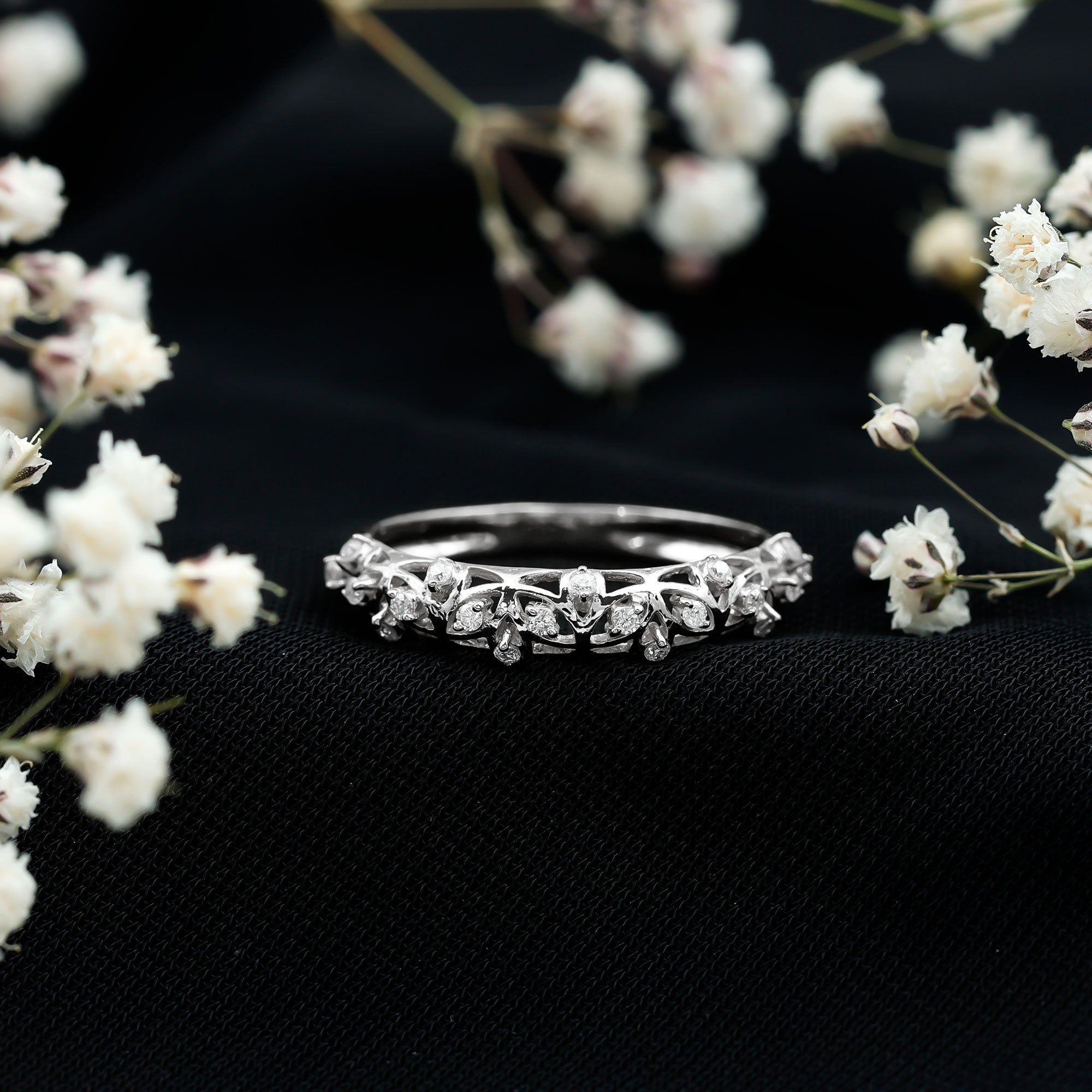 Round Zircon Semi Eternity Band Ring with Gold Filigree Details