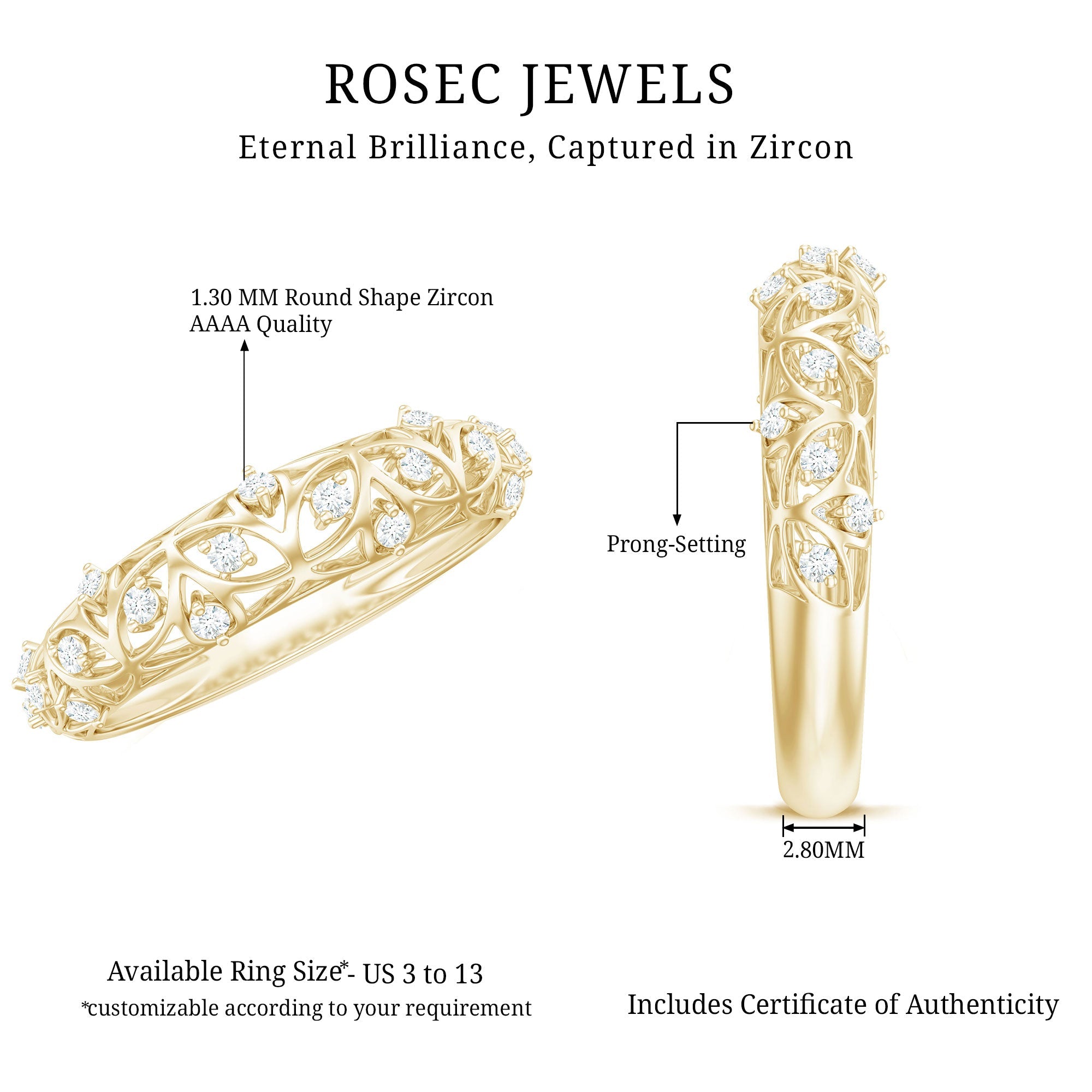 Round Zircon Semi Eternity Band Ring with Gold Filigree Details