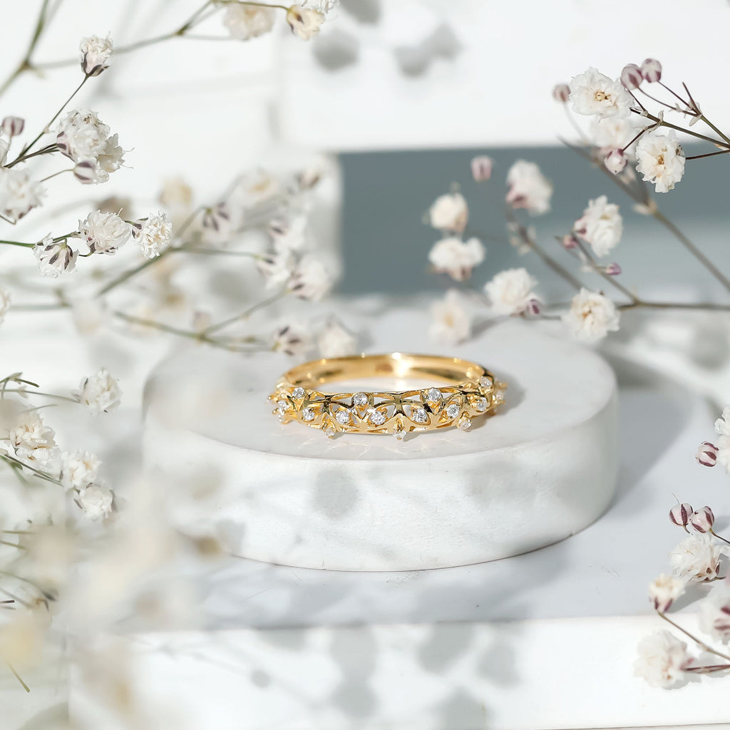 Round Zircon Semi Eternity Band Ring with Gold Filigree Details