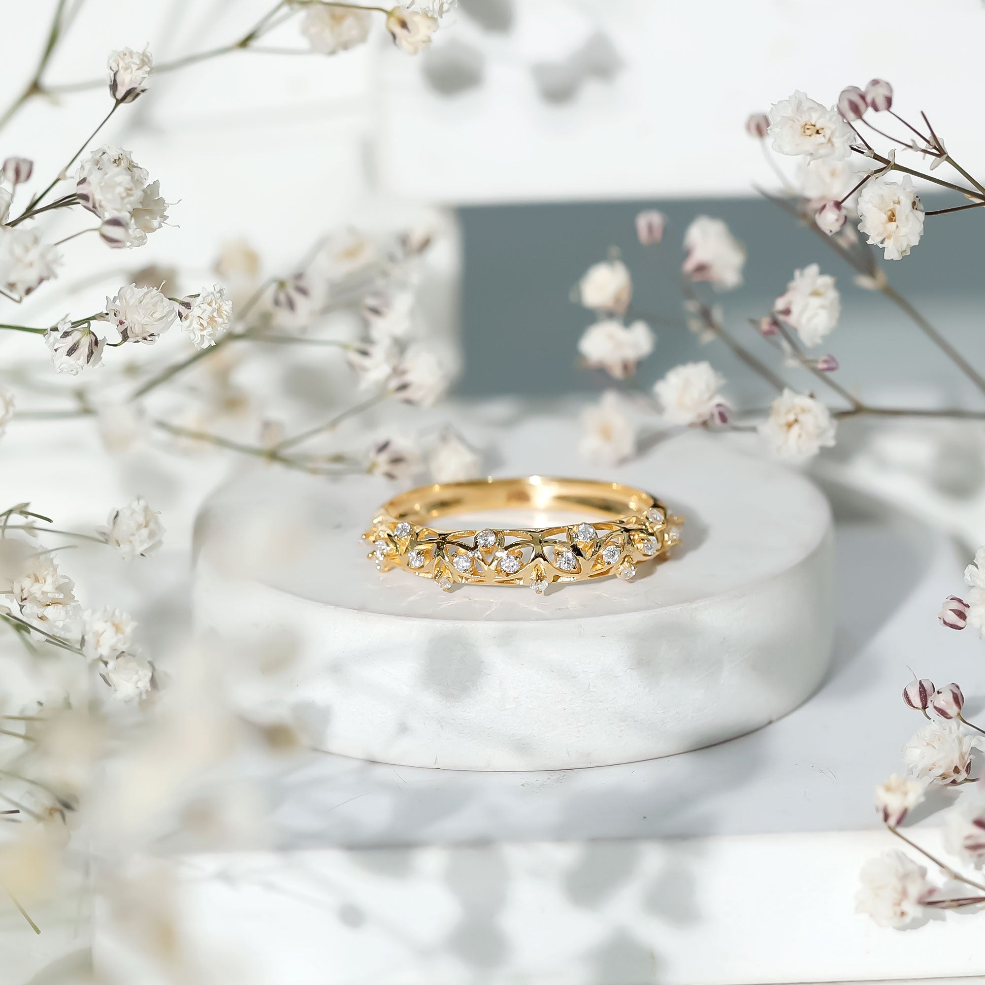 Round Zircon Semi Eternity Band Ring with Gold Filigree Details