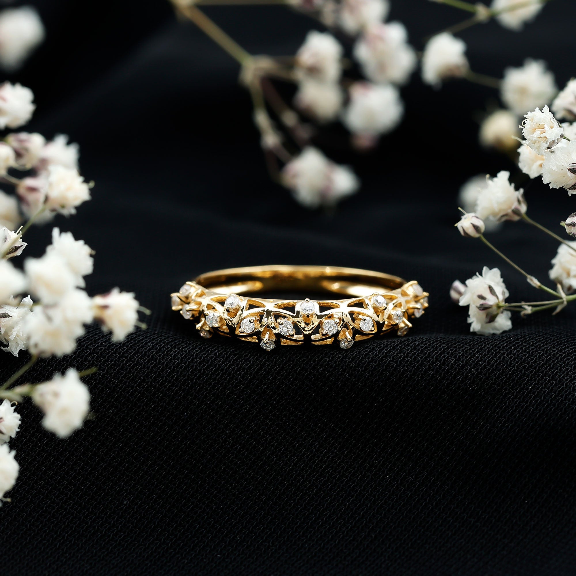 Round Zircon Semi Eternity Band Ring with Gold Filigree Details
