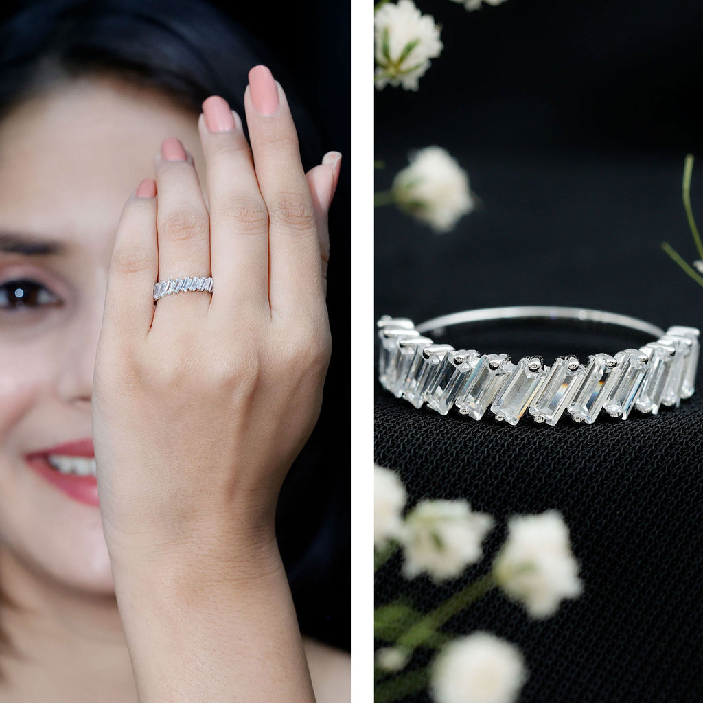 Tilted Baguette Cut Simulated Diamond Half Eternity Ring in Gold