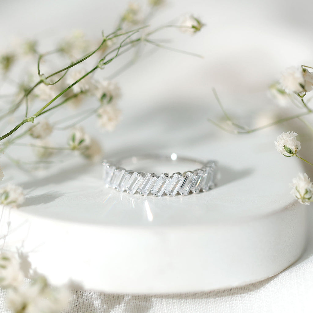 Tilted Baguette Cut Simulated Diamond Half Eternity Ring in Gold