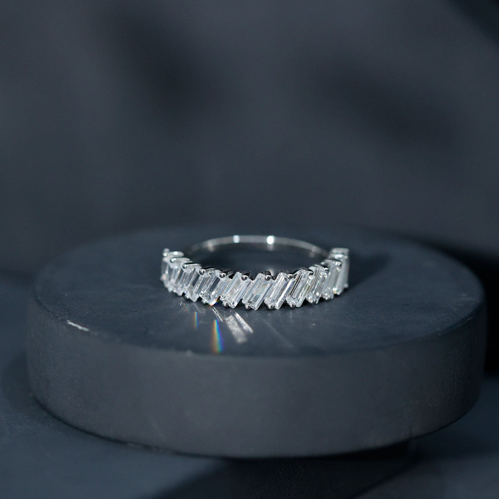Tilted Baguette Cut Simulated Diamond Half Eternity Ring in Gold