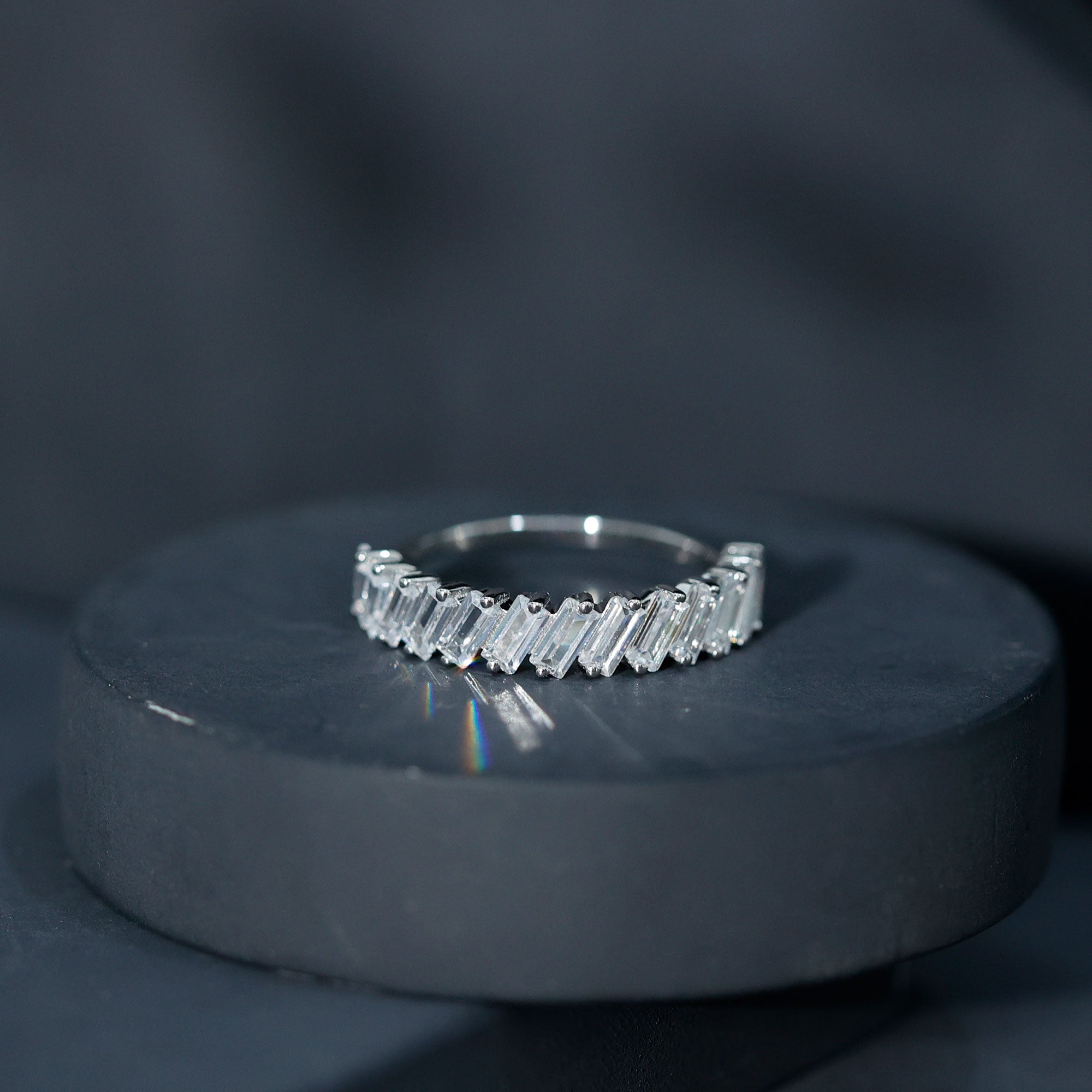 Tilted Baguette Cut Simulated Diamond Half Eternity Ring in Gold