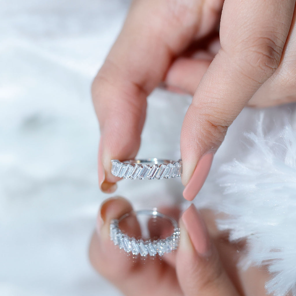 Tilted Baguette Cut Simulated Diamond Half Eternity Ring in Gold