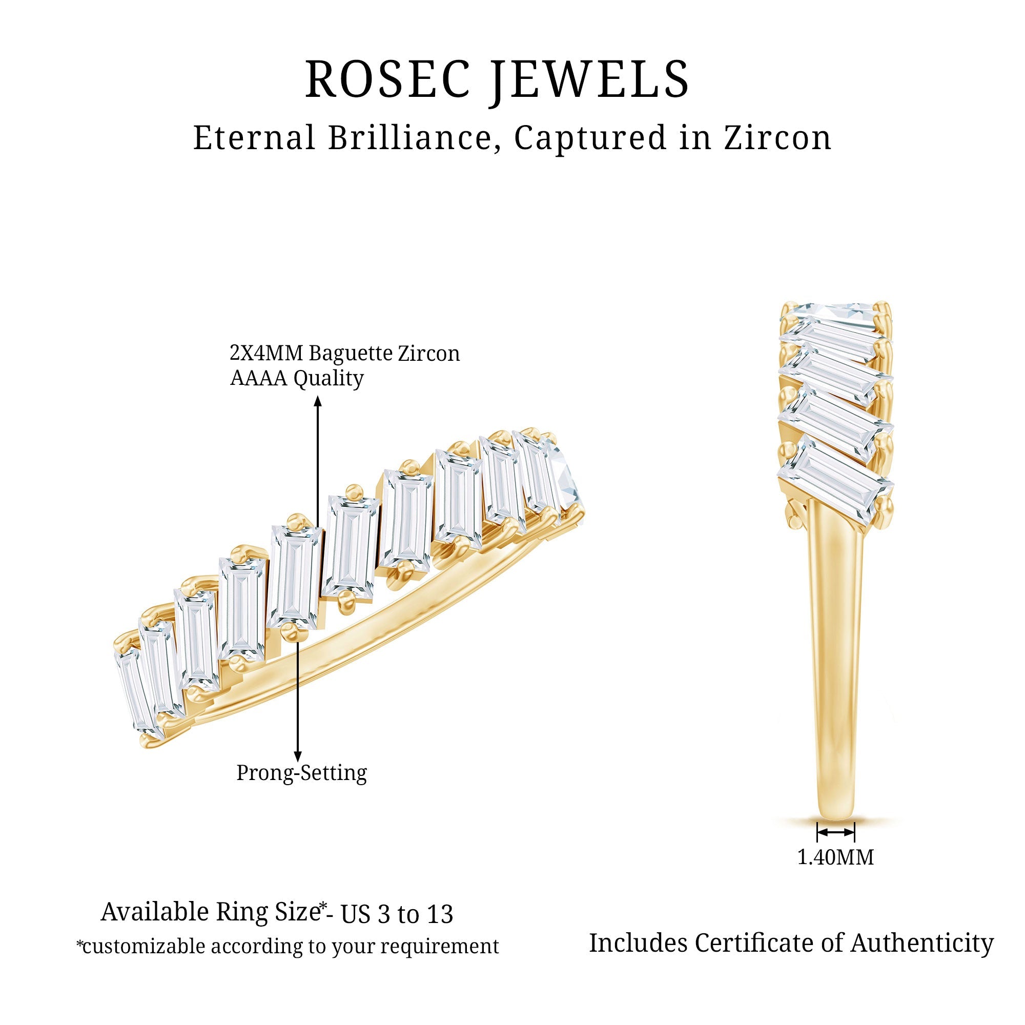 Tilted Baguette Cut Simulated Diamond Half Eternity Ring in Gold