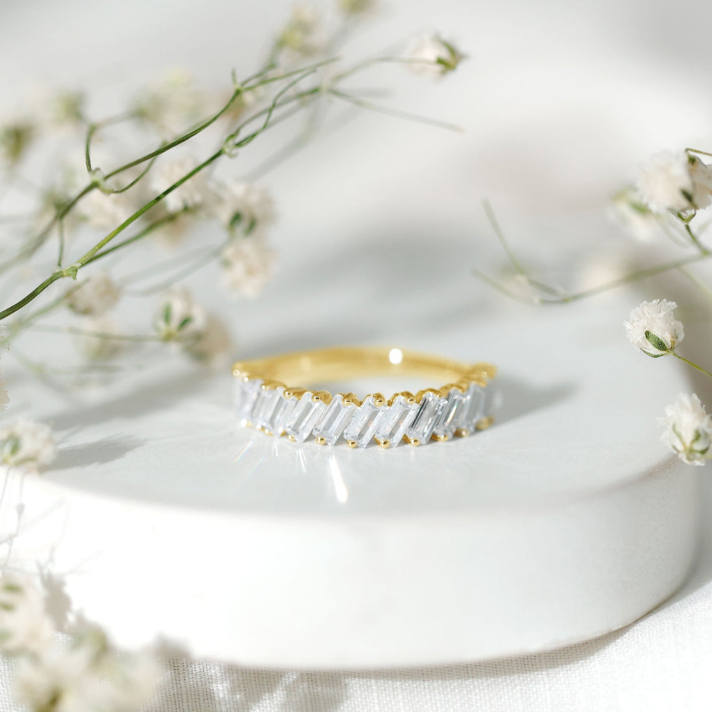 Tilted Baguette Cut Simulated Diamond Half Eternity Ring in Gold