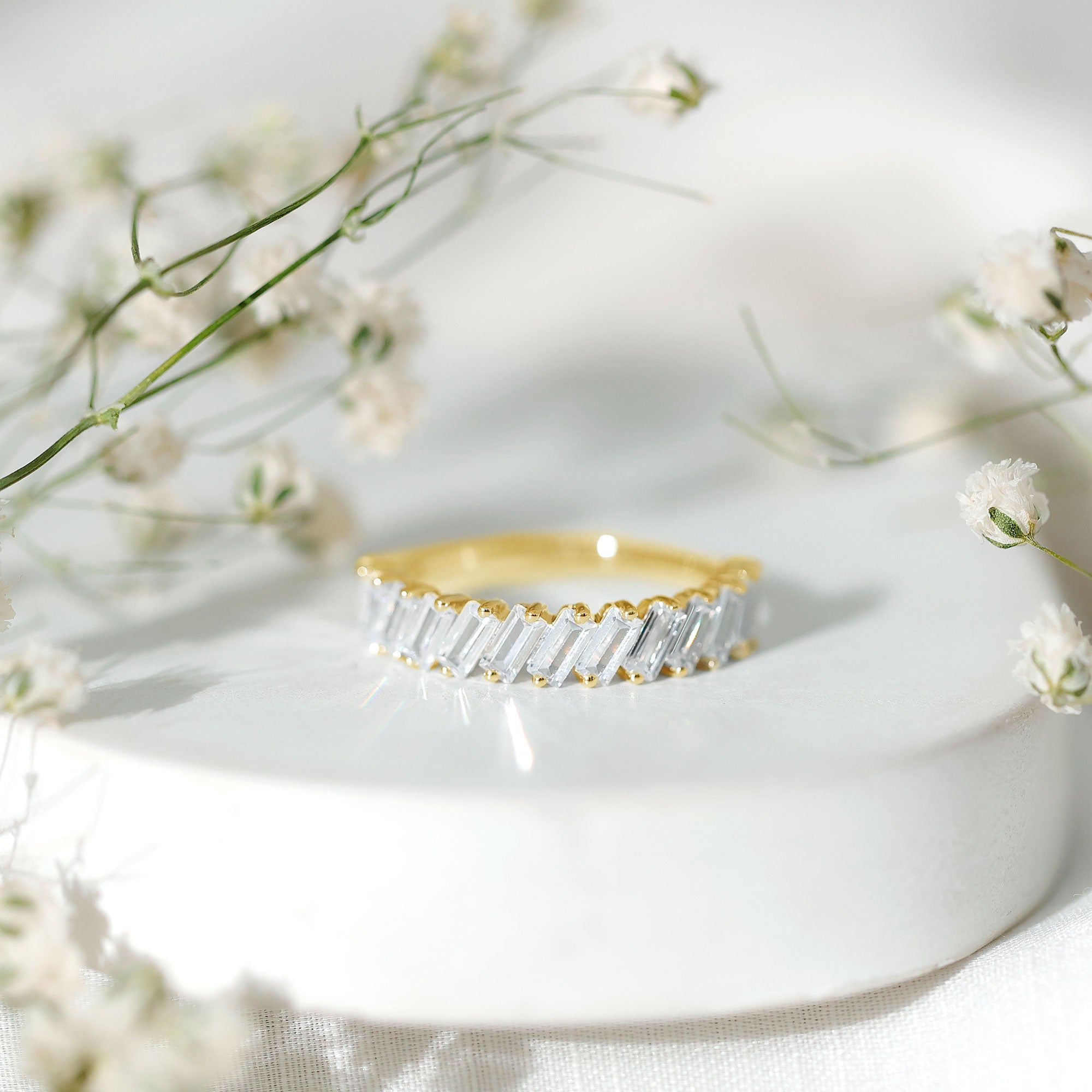 Tilted Baguette Cut Simulated Diamond Half Eternity Ring in Gold