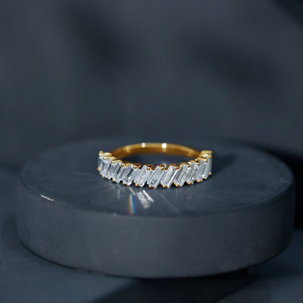 Tilted Baguette Cut Simulated Diamond Half Eternity Ring in Gold