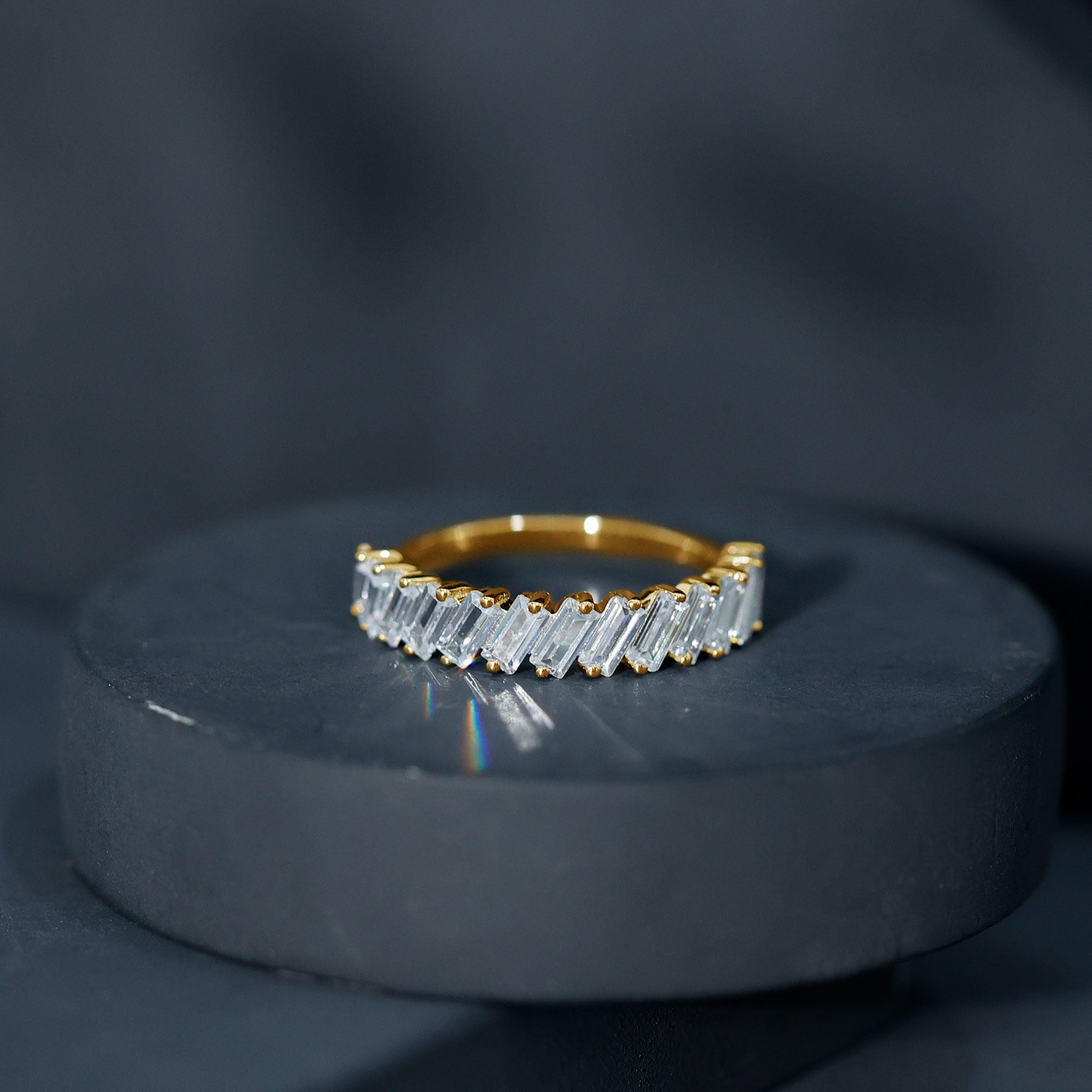 Tilted Baguette Cut Simulated Diamond Half Eternity Ring in Gold