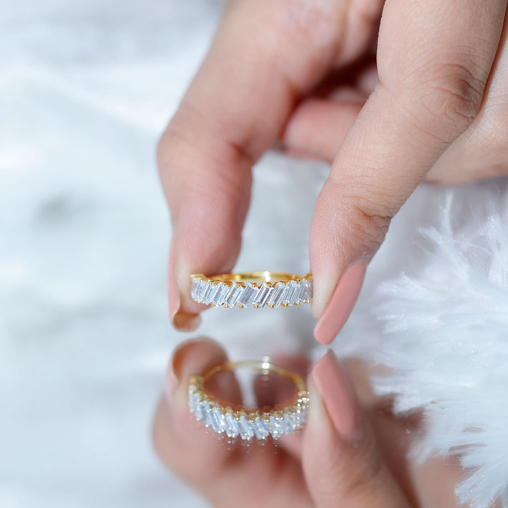 Tilted Baguette Cut Simulated Diamond Half Eternity Ring in Gold